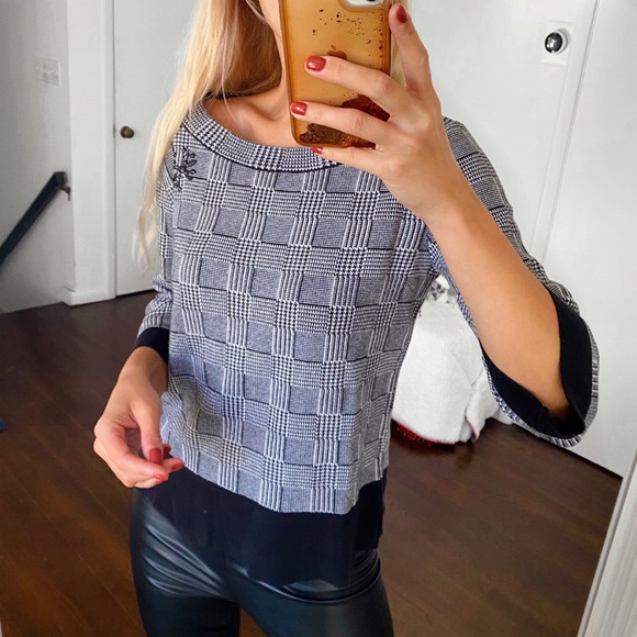 🔘 BETTY BARCLAY BLACK WHITE HOUNDSTOOTH PLAID KNIT SWEATER! - Picture 2 of 12